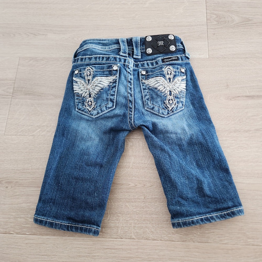 Miss Me Girls Size 8 Denim Bermuda Shorts Rhinestone Wing Cross Medium Wash Blue
